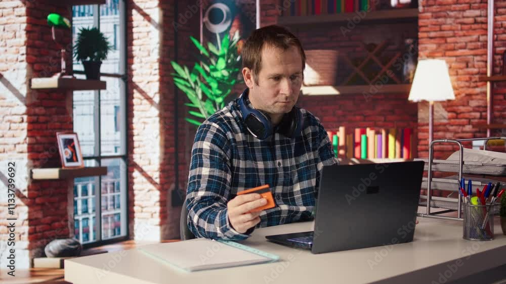 Aufkleber man has difficulties while internet shopping, receiving errors after typing credit card information 