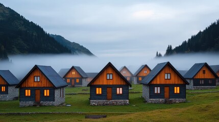 Serene Mountain Village with Foggy Surroundings and Warm Lights
