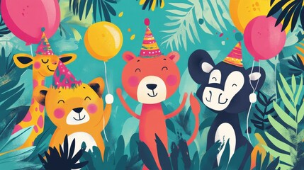 Fototapeta premium Colorful Wildlife Birthday Celebration with Balloons