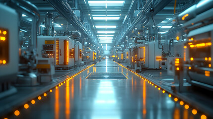 Obraz premium A futuristic industrial facility with illuminated machinery and a sleek, reflective floor.