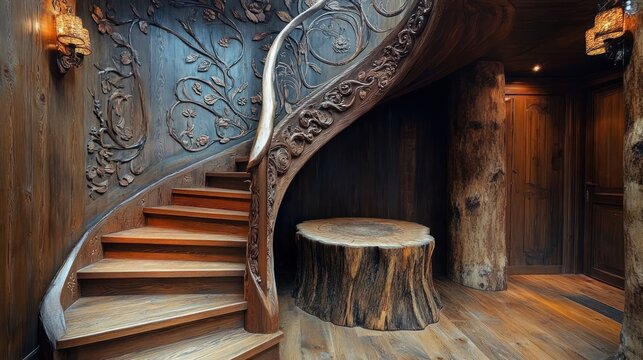 Ornate wooden spiral staircase with carved details and tree stump table.