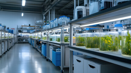 Fototapeta premium bioengineering lab filled with glowing plant cultures in jars, showcasing advanced research