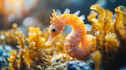 Orange spotted seahorse among golden kelp.