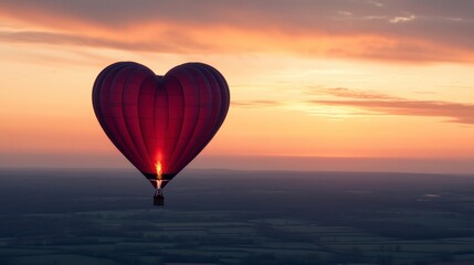 Fototapeta premium Heart Shaped Hot Air Balloon Sunrise Flight Over Rural Landscape