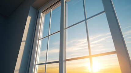 Fototapeta premium Bright sunlight streams through modern window, illuminating room with warm glow