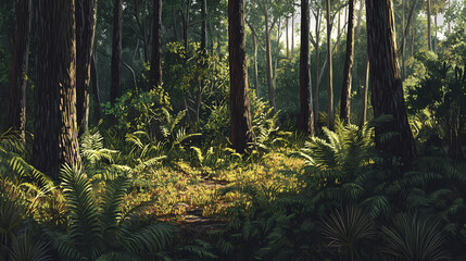 Long leaf pines forming a dense thicket amidst a tangle of spanish moss and ferns, subtropical woodland, shaded area. Thicket. Illustration