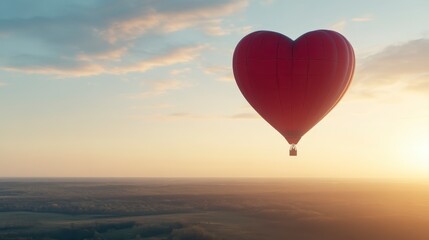 Fototapeta premium Heart Shaped Hot Air Balloon Sunrise Flight Over Fields