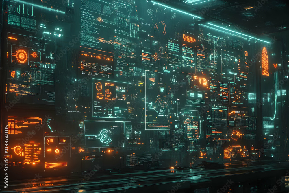 Poster futuristic digital interface with glowing data panels and graphs.