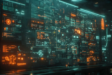 Fototapeta premium Futuristic digital interface with glowing data panels and graphs.