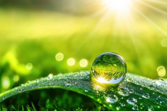 Dewdrop reflecting the serene beauty of a misty meadow 