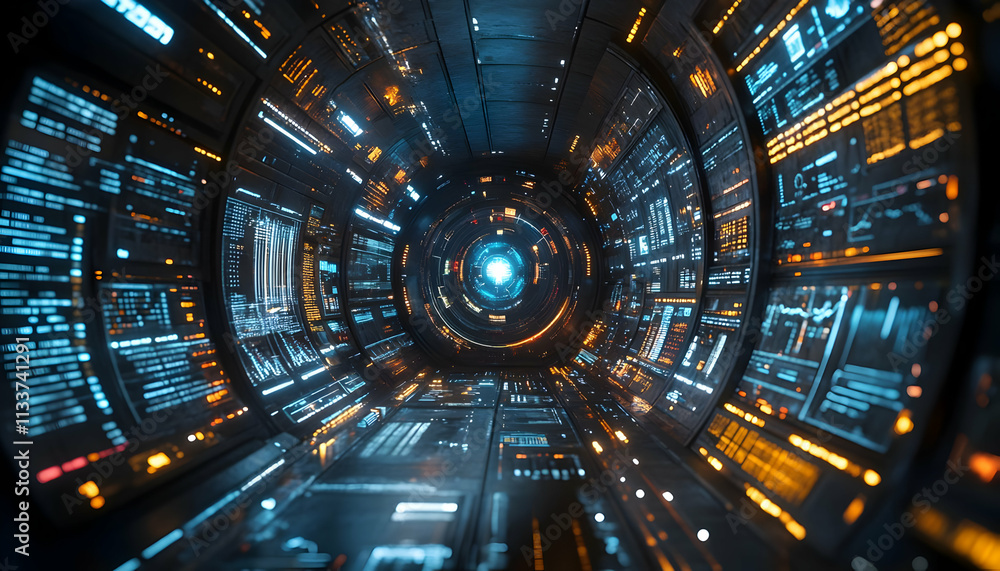 Poster a futuristic tunnel with glowing interfaces and data displays, suggesting advanced technology.