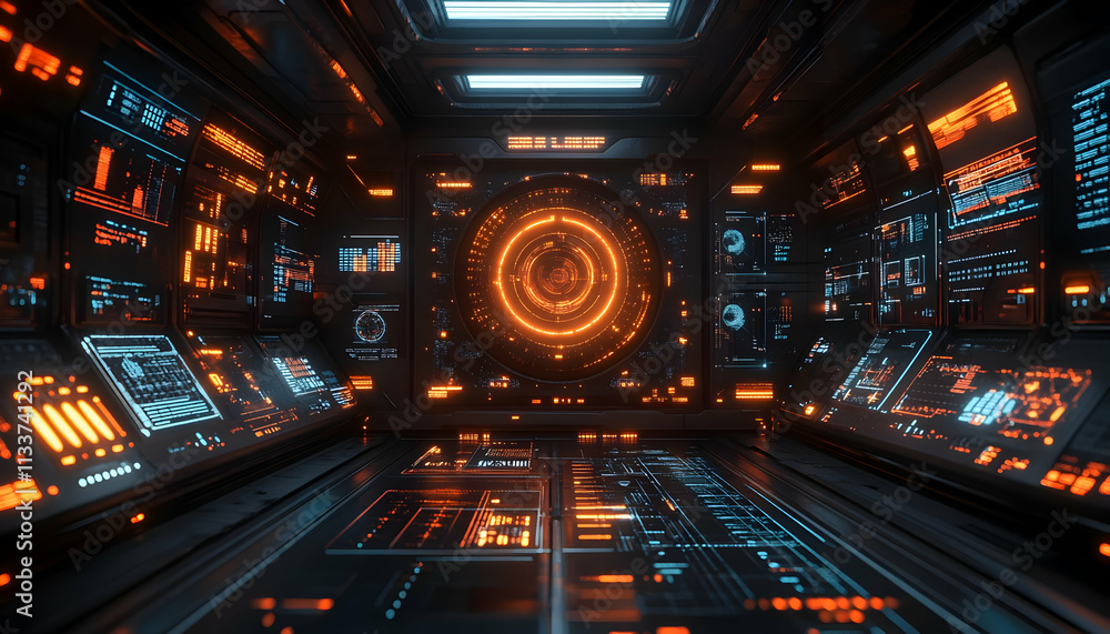 Poster a futuristic control room with glowing interfaces and circular displays.