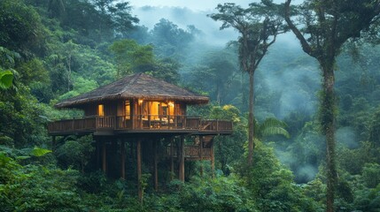 Illuminated treehouse nestled in a lush, misty rainforest at dusk.