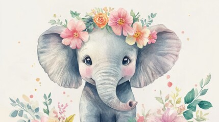 Cute Elephant with Floral Crown and Colorful Background