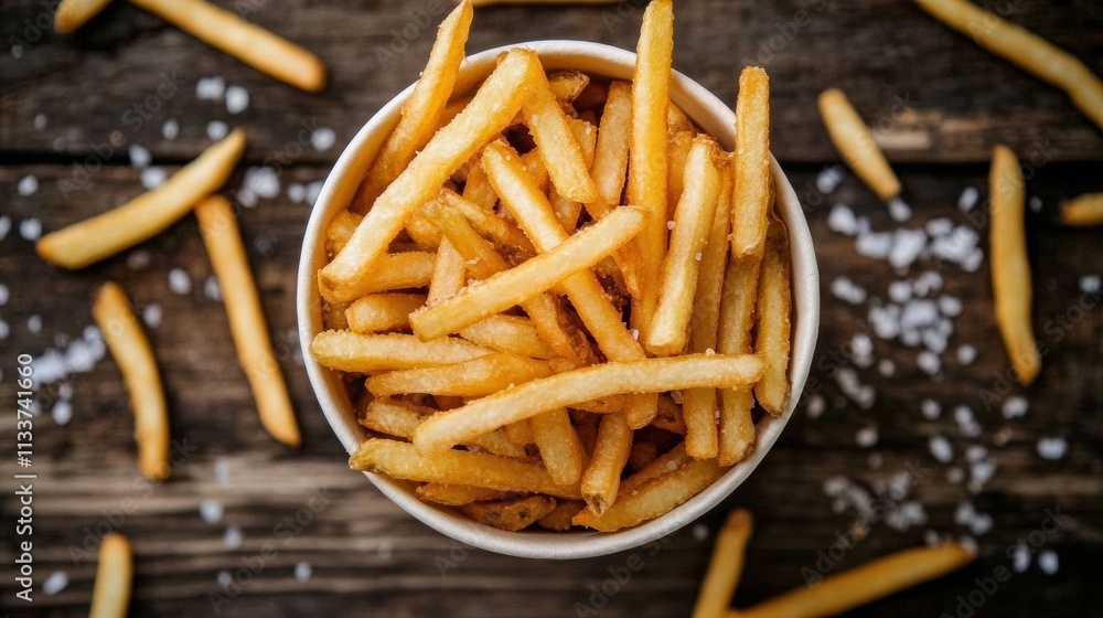 Poster a cup filled with hot, crispy golden fries is placed on a textured wooden table, surrounded by grain