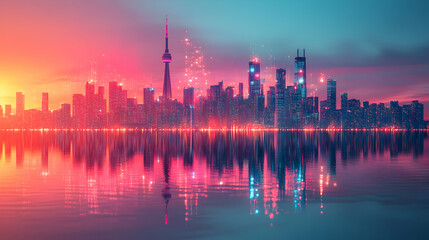 Fototapeta premium Vibrant city skyline at sunset with reflections and colorful lights.