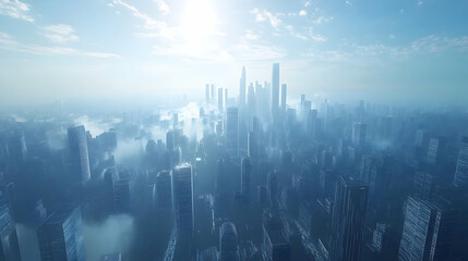 Fototapeta premium Aerial view of a futuristic cityscape shrouded in mist and sunlight.