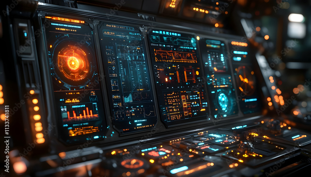 Poster a futuristic control panel with glowing interfaces and data displays.