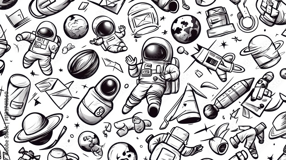 Poster seamless astronaut and space elements pattern