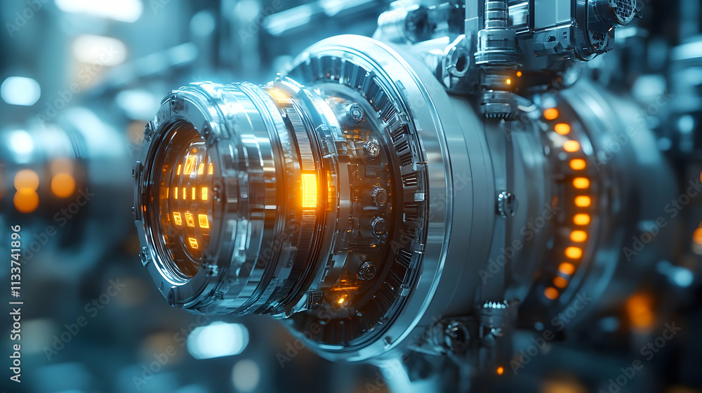 Poster close-up of a futuristic mechanical component with glowing elements.