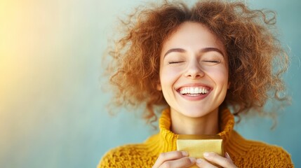 Joyful Woman with Curly Hair Holding Gift Happy Emotions