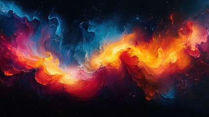 Abstract cosmic swirls, fiery hues, dark space.