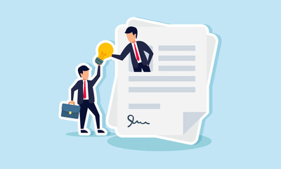A businessman emerging from a contract paper receives a lamp from another businessman, illustration of providing ideas and innovations to a new employee