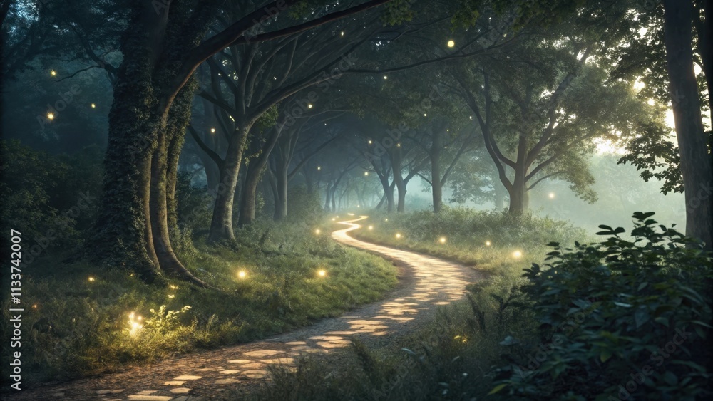 Aufkleber magical fireflies illuminate a winding stone path through a mystical forest at dawn, creating a capt