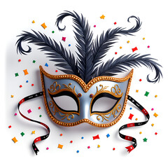 Elegant blue mask with feathers surrounded by colorful confetti for festive celebrations, digital art of decorative design concept.