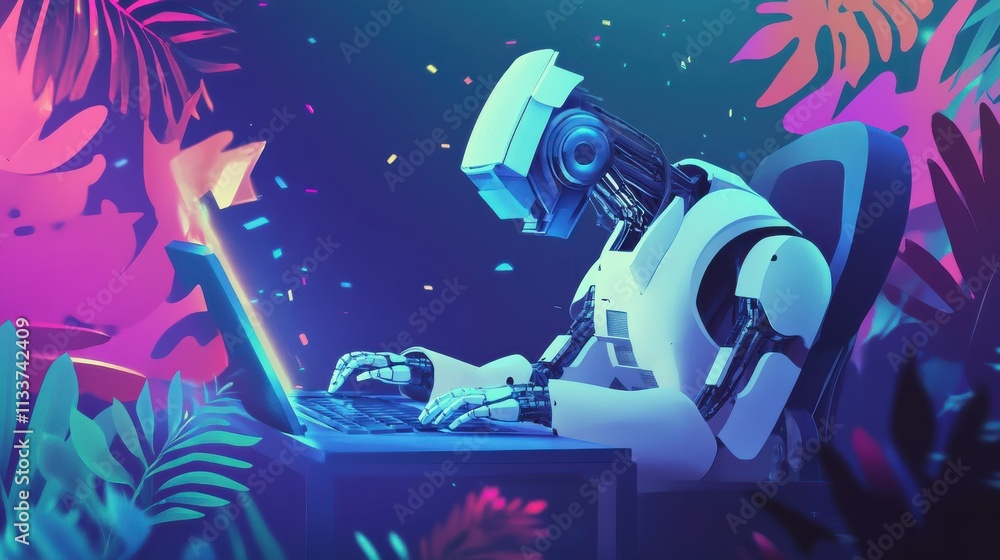 Poster futuristic robot working on laptop in colorful environment