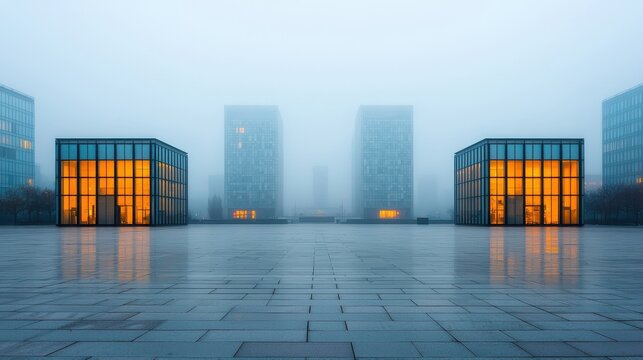 Misty Urban Landscape with Modern Buildings and Glowing Windows