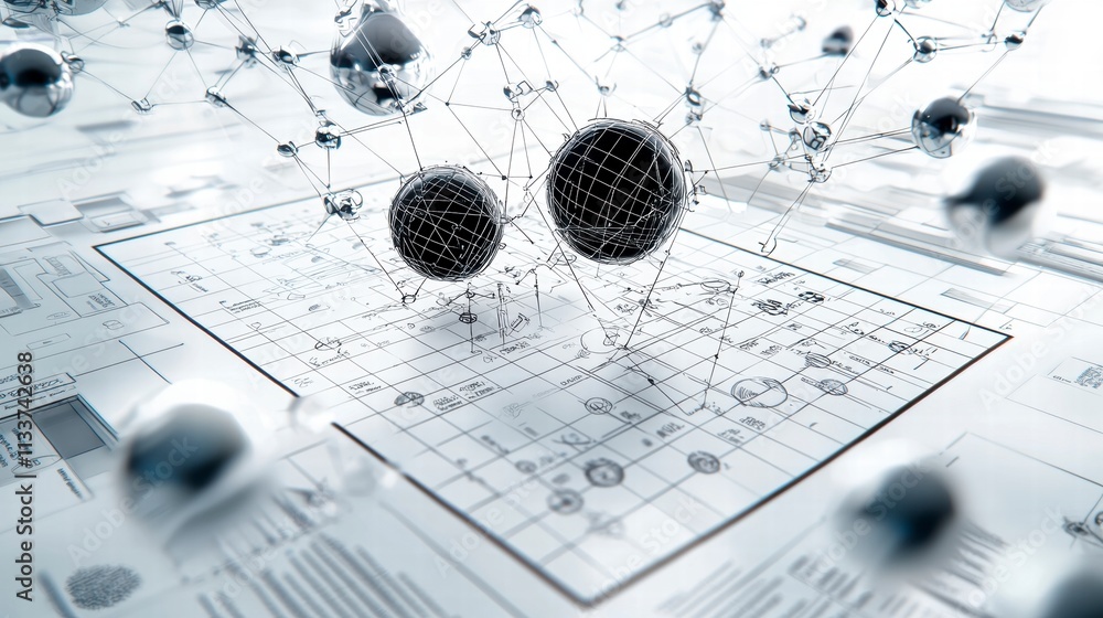 Aufkleber network connection concept abstract 3d render of connected spheres over technical drawings.