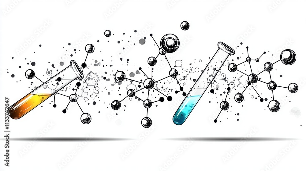 Poster abstract science background with test tubes and molecular structures.
