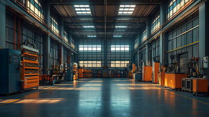 A spacious industrial workshop with machinery and tools for manufacturing processes.