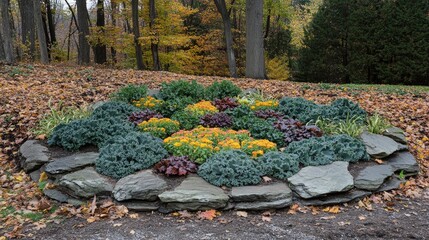 Vibrant Seasonal Flower Bed Surrounded by Natural Stone Border