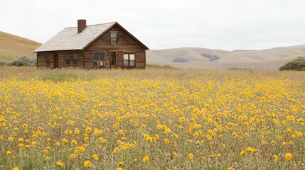 Rustic Wooden House Surrounded by Vibrant Yellow Wildflowers