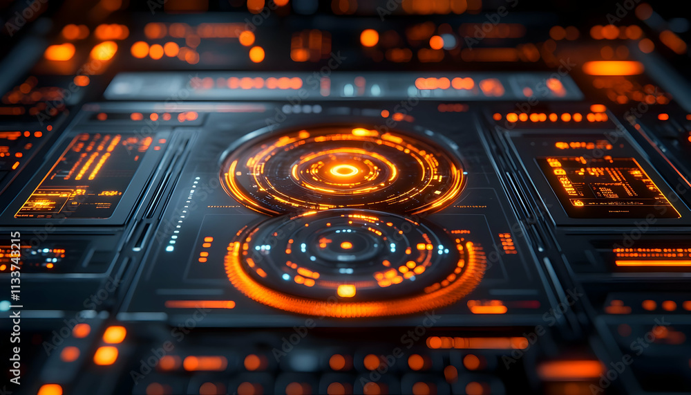 Poster a futuristic interface with glowing orange elements and circular patterns, suggesting technology.