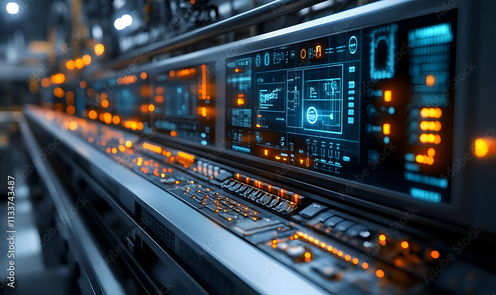 Poster a futuristic control panel with glowing interfaces and buttons for advanced technology.