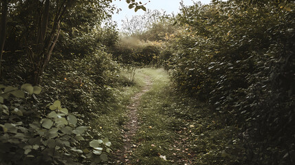 A winding path leads through a dense thicket of brambles and vines, overgrown, wild, brambles. Thicket. Illustration