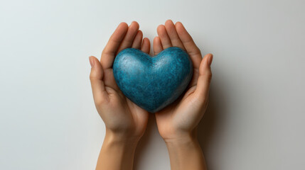 Fototapeta premium pair of hands gently holding blue heart shaped stone on light background, symbolizing love and care. serene expression evokes feelings of warmth and connection