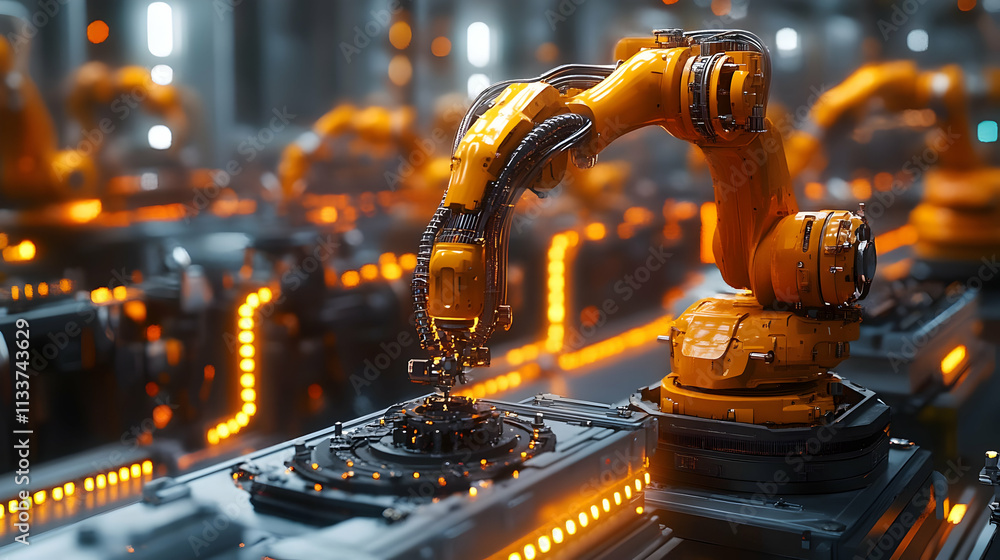 Poster robotic arm in a futuristic industrial setting, assembling components with precision.