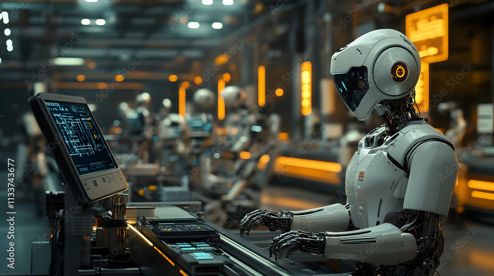 Poster a futuristic robot working at a computer in a high-tech industrial environment.
