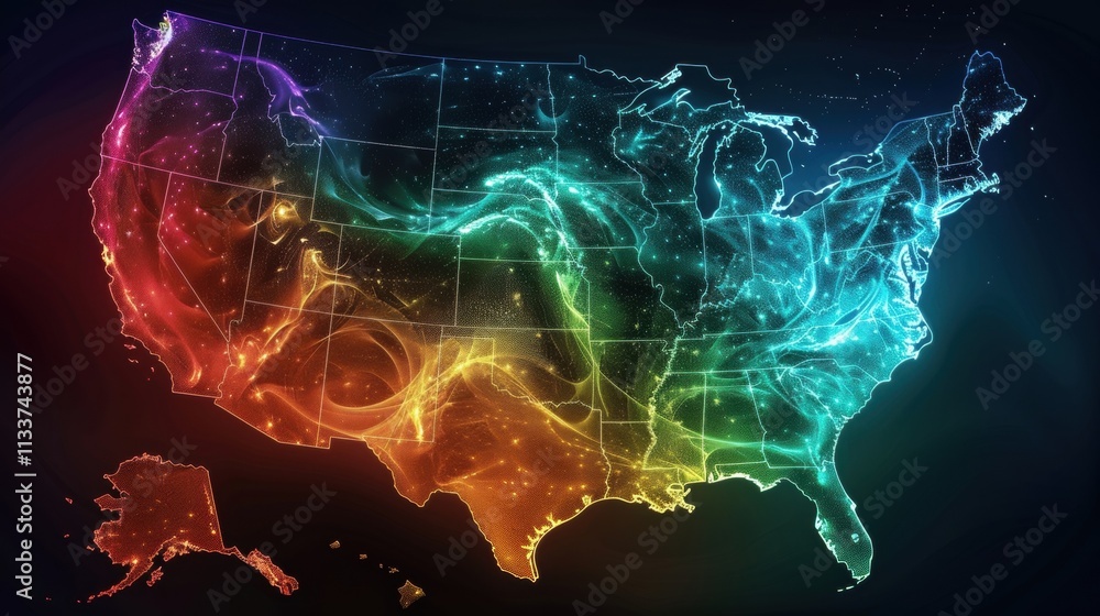 Poster colorful big data streams flowing across a map of the united states, illustrating the dynamic interp