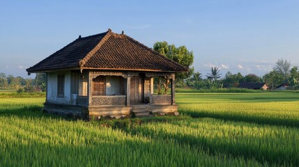 Obraz premium Traditional Rural House Surrounded by Lush Green Rice Fields