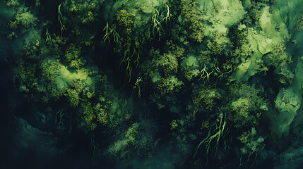Closeup top view of a mossy forest floor, emphasizing the rich green textures and patterns of moss, perfect for naturethemed visuals. Thicket. Illustration