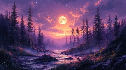 Enchanted Forest River at Sunset with Full Moon