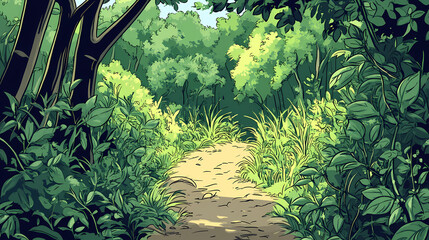 Obraz premium Dense thicket of brambles and bushes blocking the way on a forest trail, brambles, woodland. Thicket. Illustration