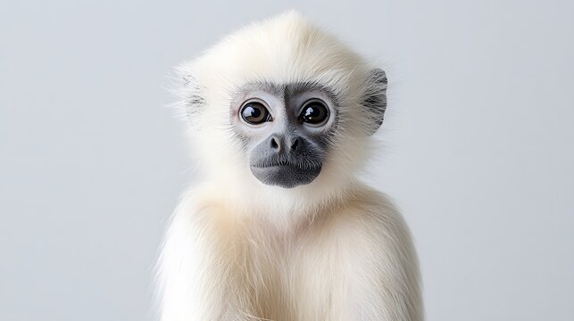 86. A white langur monkey with its distinctive fur against a white background