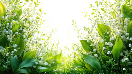 Obraz premium Lily of valley flowers surrounded by lush green leaves create serene and tranquil atmosphere, perfect for nature lovers and floral enthusiasts