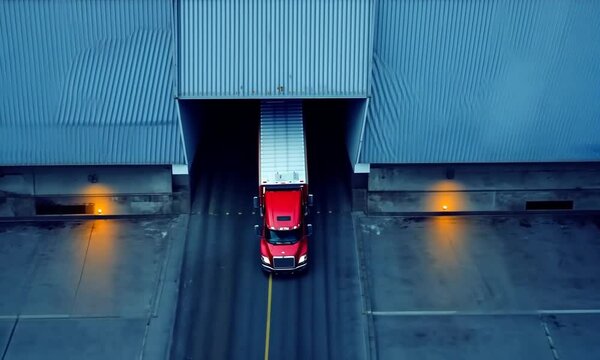 Aerial view of a red truck backing into a loading dock in an industrial setting.